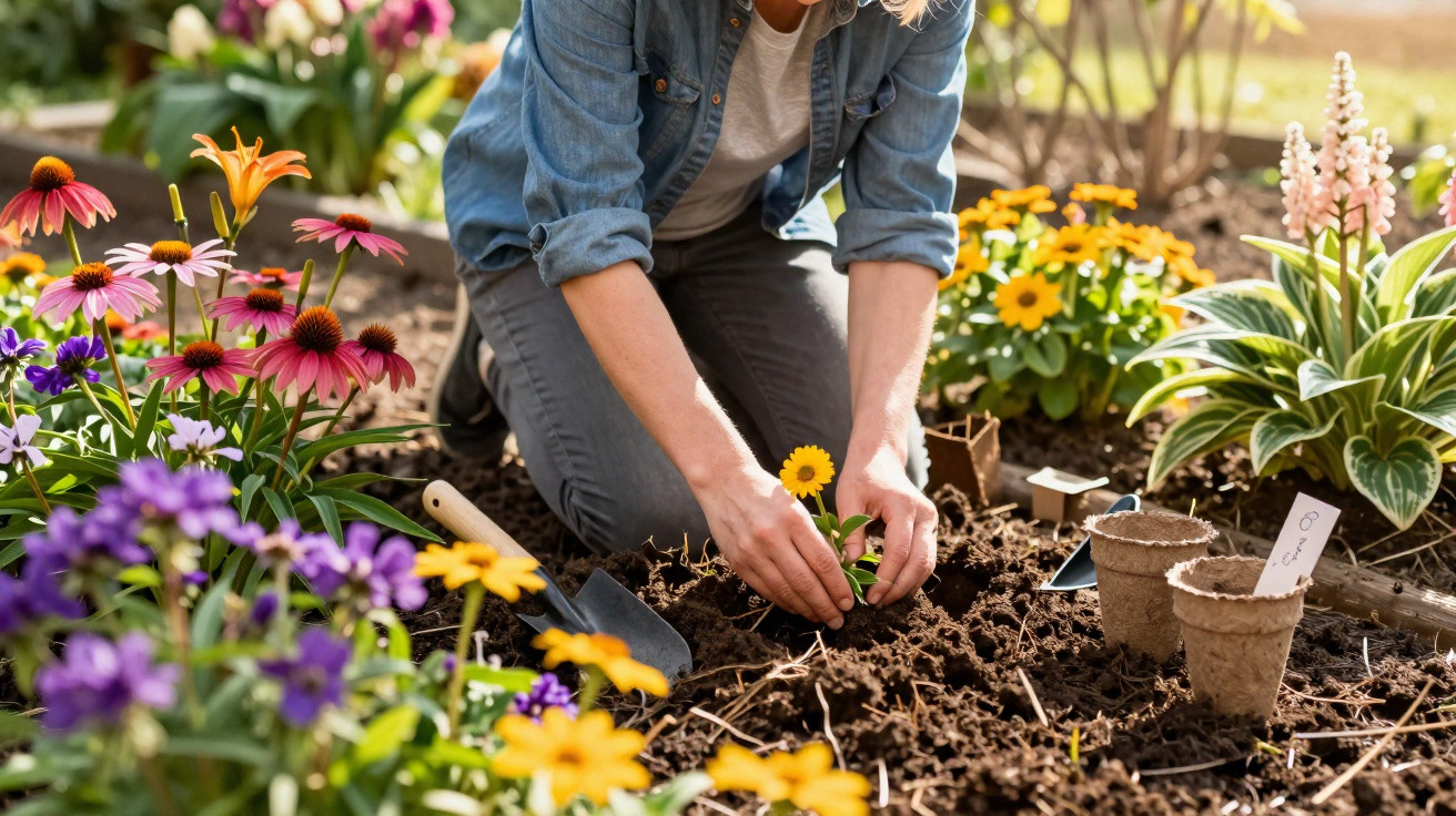 Person kniet und pflanzt gelbe Blumen in einen blühenden Garten bei Sonnenschein.