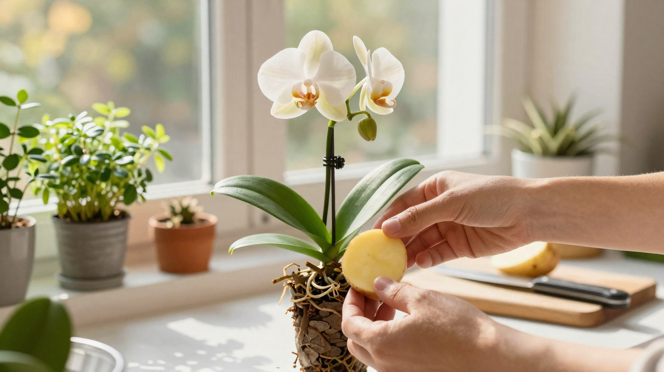 Hände halten eine Kartoffelscheibe vor eine weiße Orchidee auf der Fensterbank neben anderen Pflanzen.