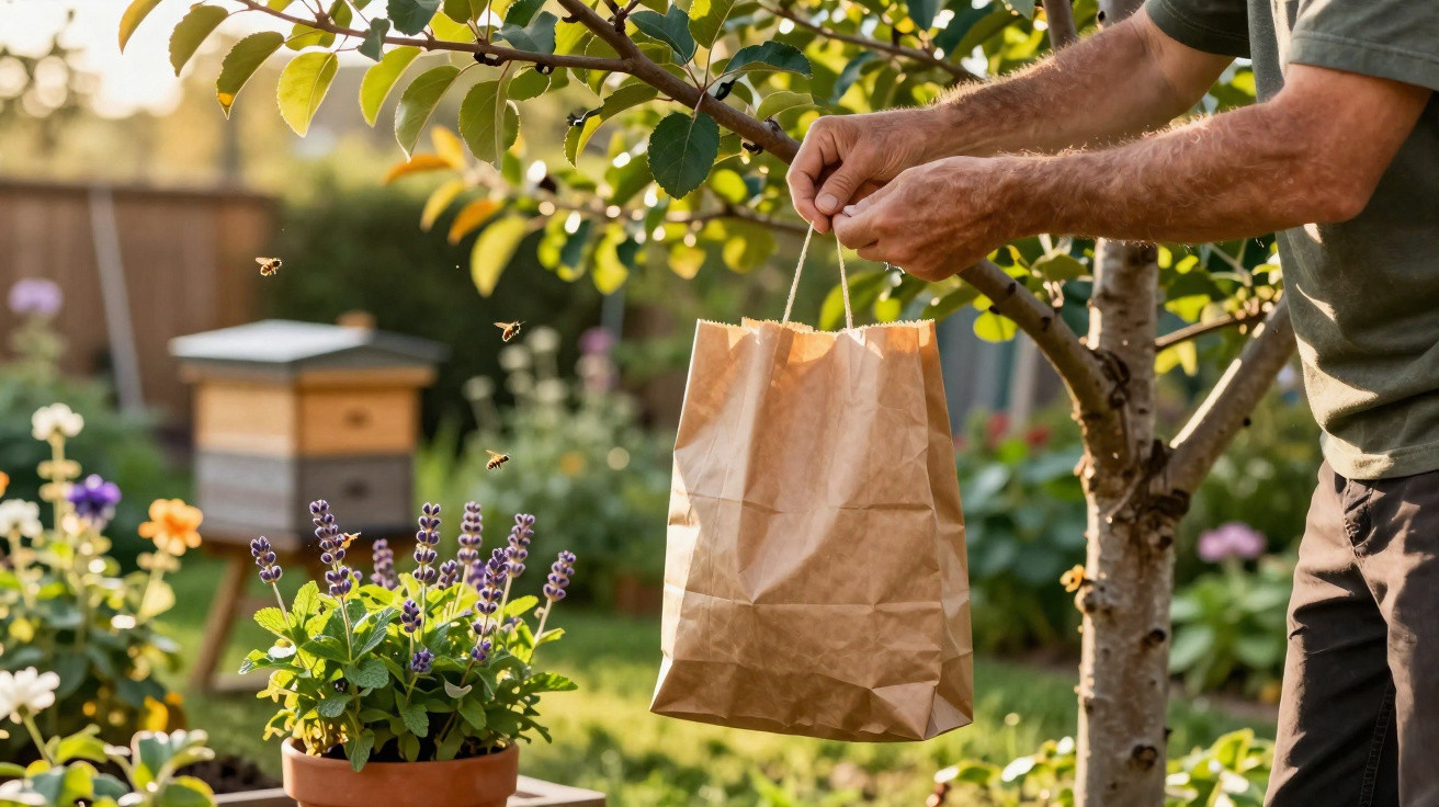 Person hängt eine Papiertüte an einen Baumzweig im sonnigen Garten mit blühenden Pflanzen und Bienen.