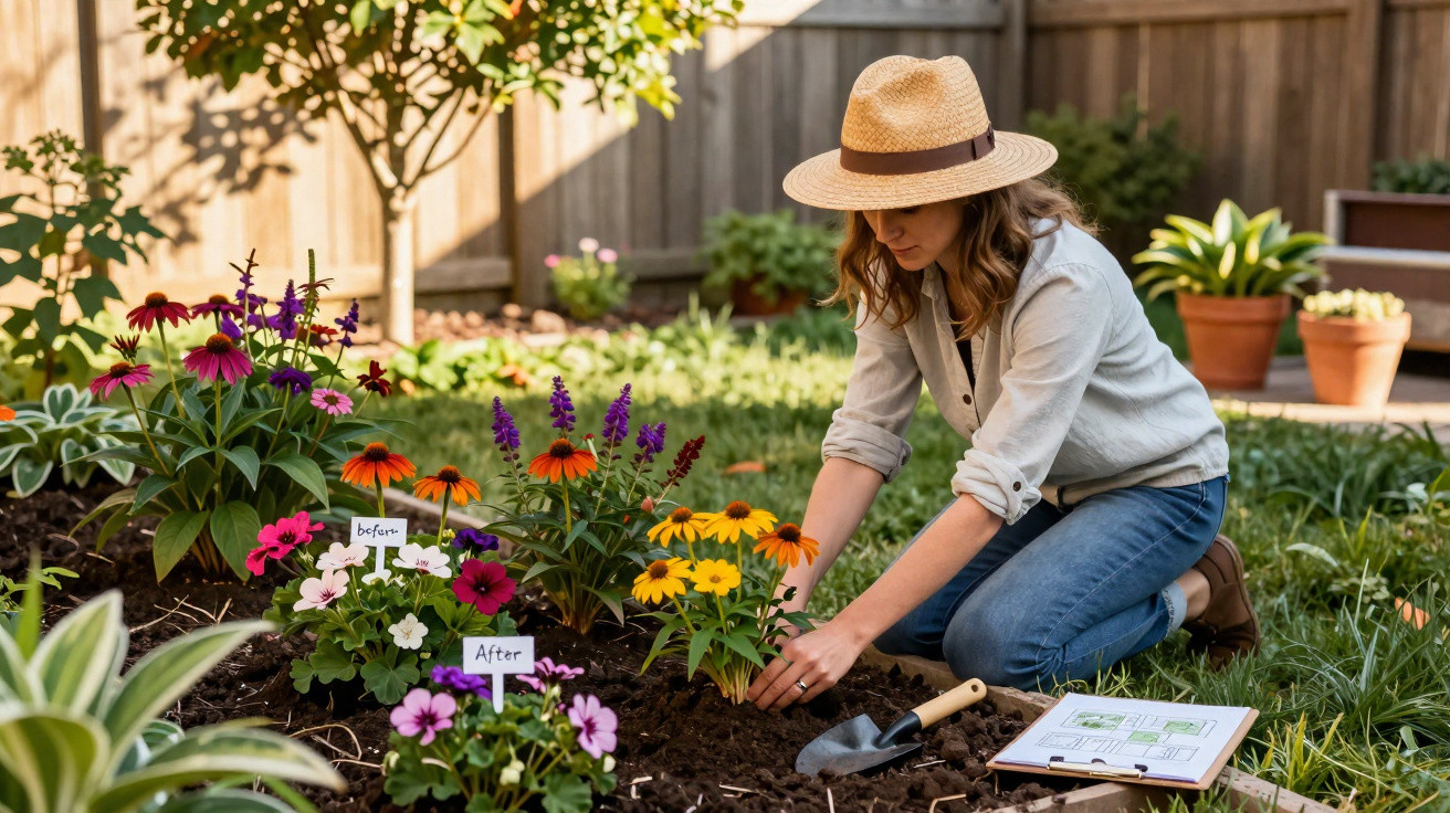 Frau mit Strohhut pflanzt bunte Blumen in einem Garten mit Sonne und Gartengeräten.