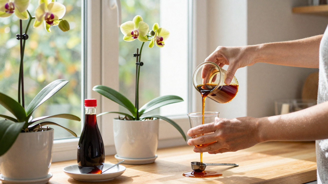 Person gießt Kaffee aus einem kleinen Glas auf einen Löffel vor zwei Orchideen auf der Fensterbank.