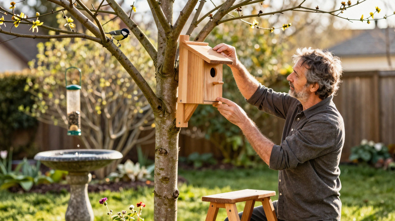 Mann montiert ein Vogelhaus an einem Baum im Garten, Vogel sitzt auf einem Ast daneben.