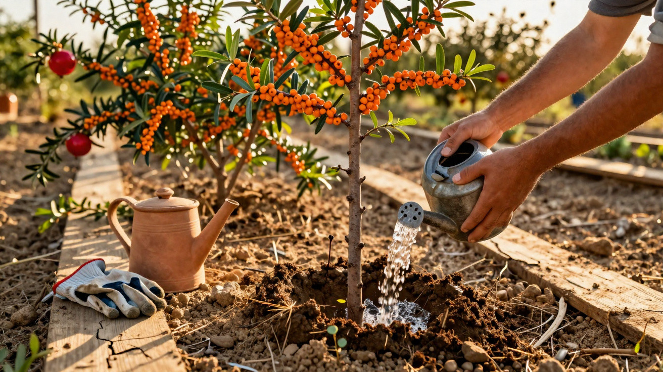 Person gießt einen Sanddornstrauch mit Gießkanne im Garten, Gartenhandschuhe und Kanne liegen daneben.