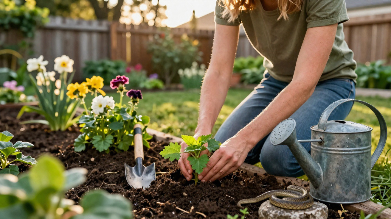 Person pflanzt Setzling in Blumenbeet, neben Gießkanne und Gartenschaufel im Garten am Abendlicht.