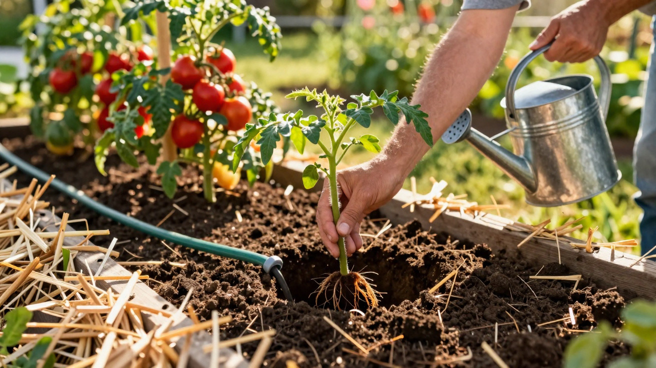 Person pflanzt Tomatensetzling in Hochbeet und hält Gießkanne in der Hand.