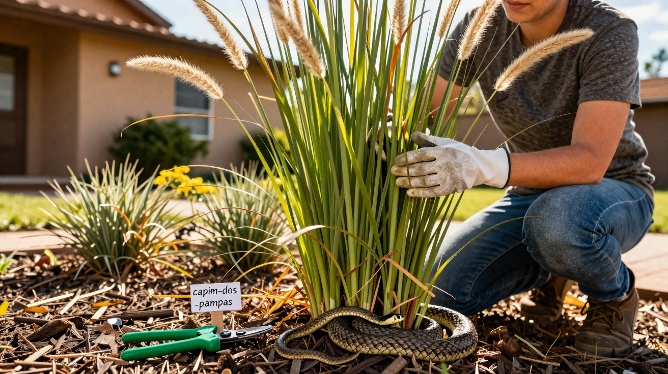 Person mit Handschuhen pflegt Pampasgras im Garten, Schlange kriecht zwischen Mulch und Pflanze.