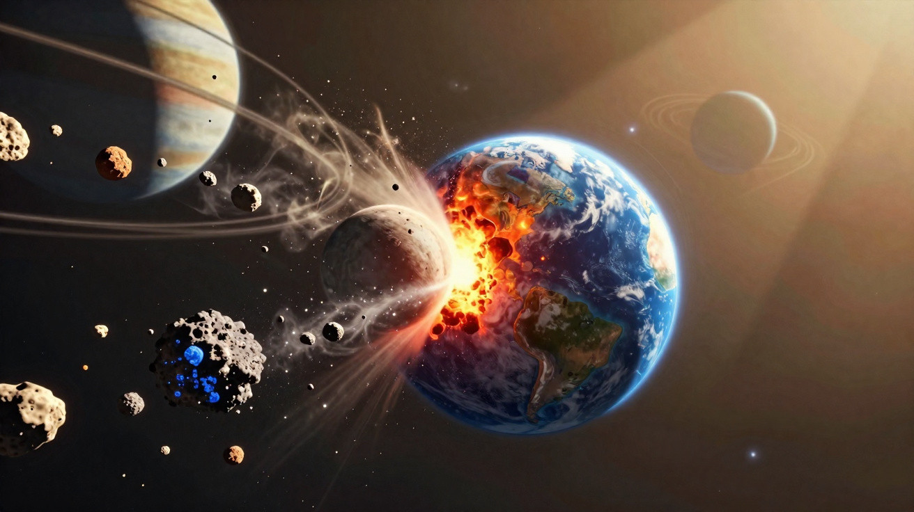 Künstlerische Darstellung eines Asteroiden, der mit der Erde kollidiert und Explosionen verursacht.