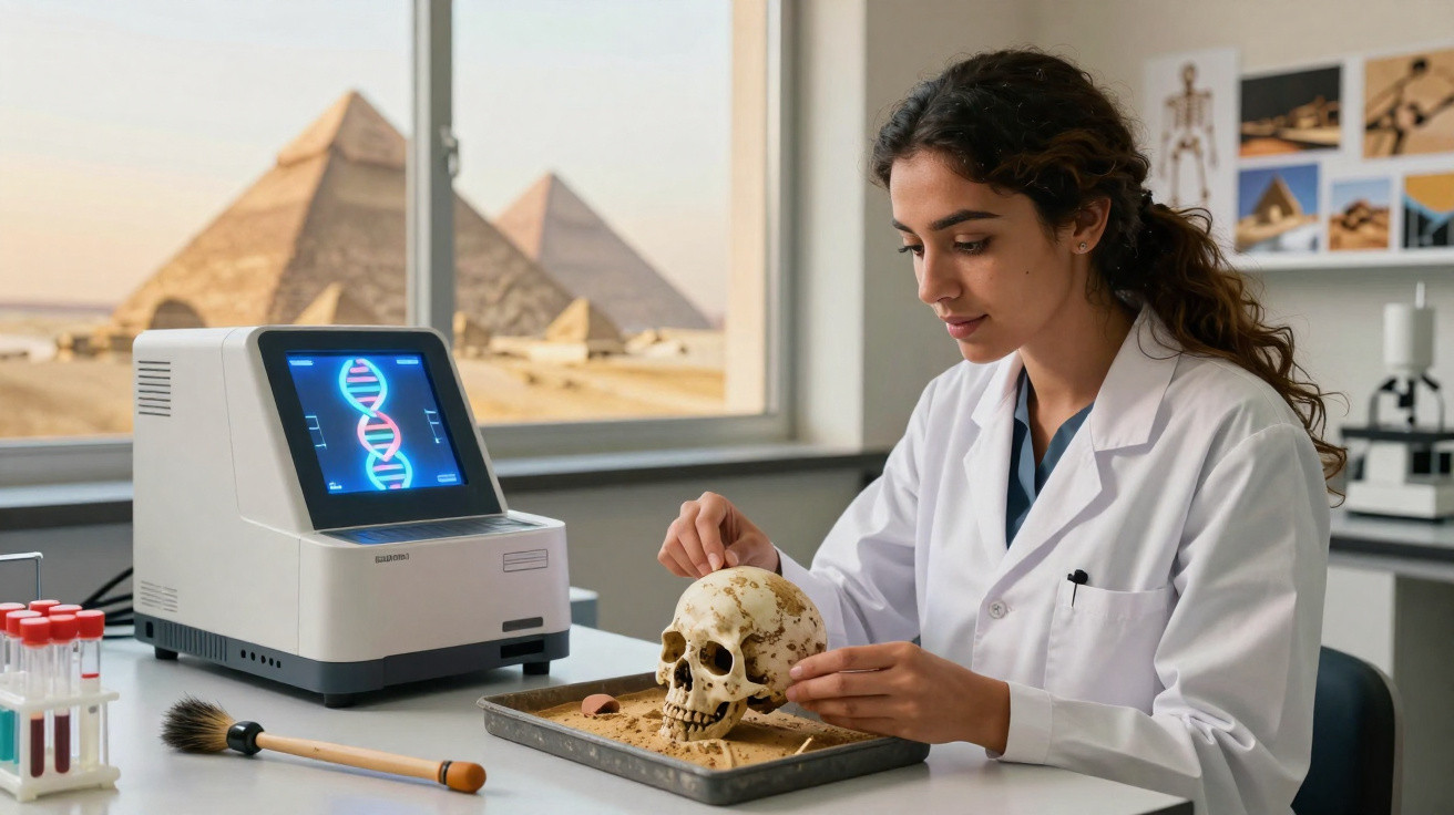 Wissenschaftlerin analysiert menschlichen Schädel im Labor mit Pyramiden im Hintergrund und DNA-Monitor.