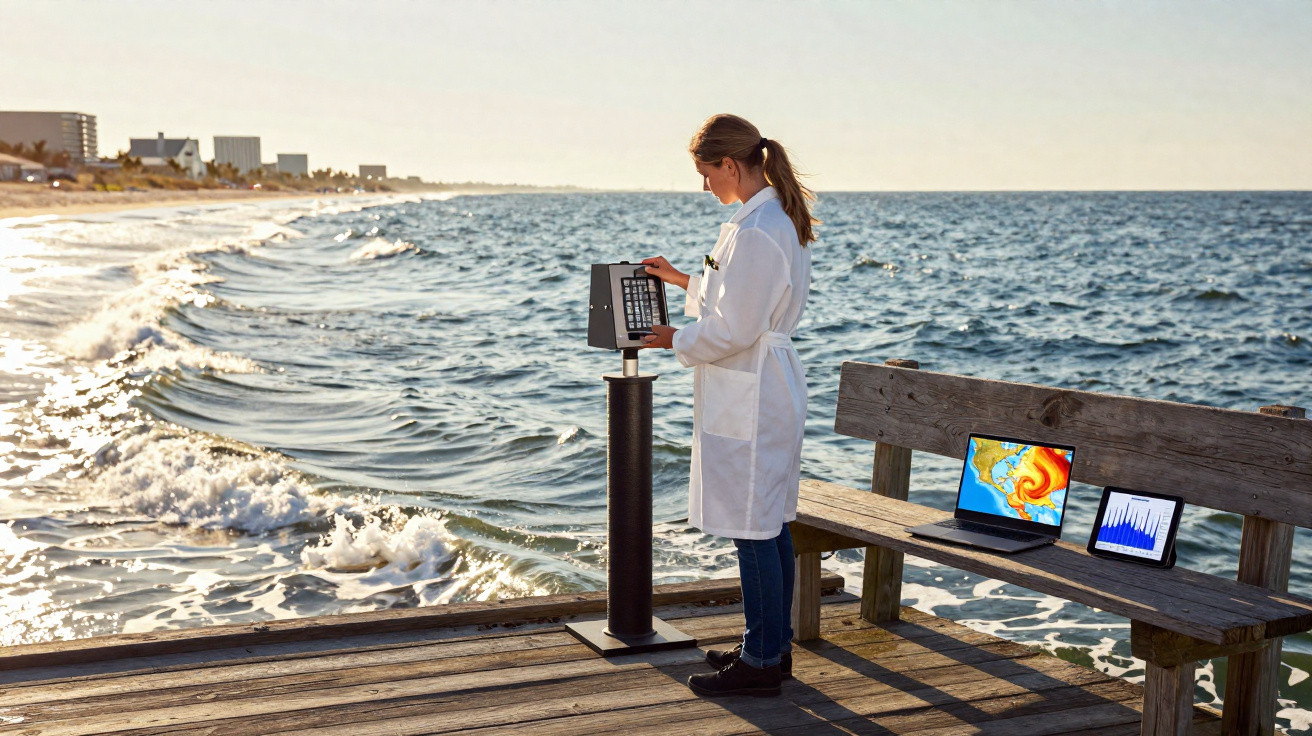 Wissenschaftlerin misst Luftqualität am Meer, mit Laptops auf Holzbank, die Wetterdaten anzeigen.