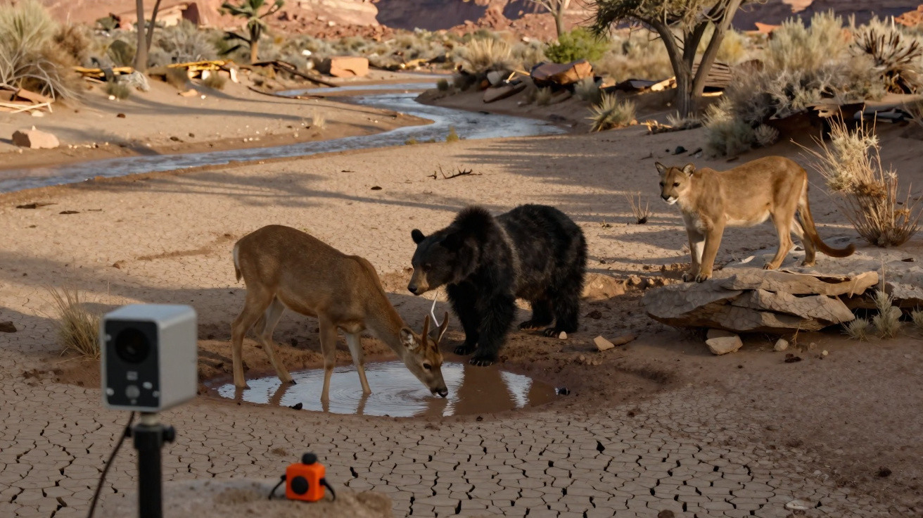 Ein Schwarzbär, ein Hirsch und ein Puma trinken gemeinsam aus einer Wasserstelle im trockenen Wüstengebiet.