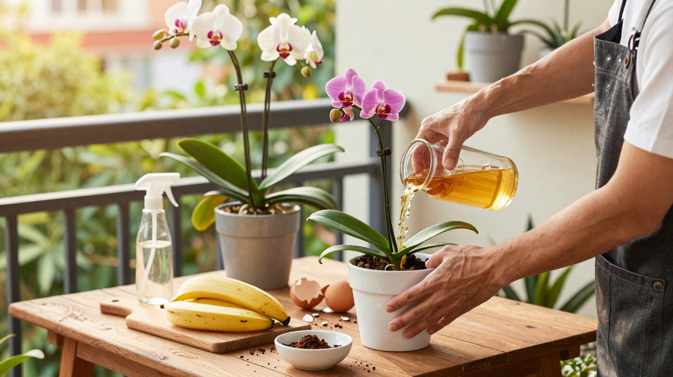Person gießt Wasser aus einem Glas auf eine Orchidee auf einem Holztisch mit Pflanzen und Bananen.