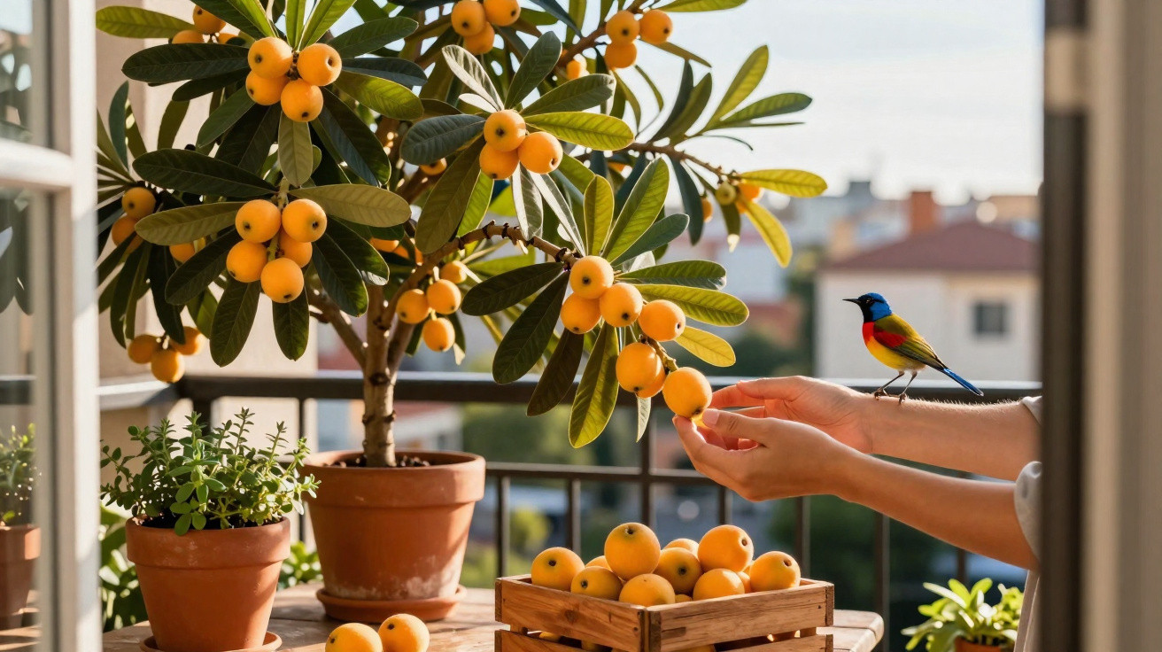 Person hält gelbe Früchte von einem Topfbaum auf Balkon, bunte Vogel sitzt auf Hand, weitere Pflanzen in Töpfen sichtbar.