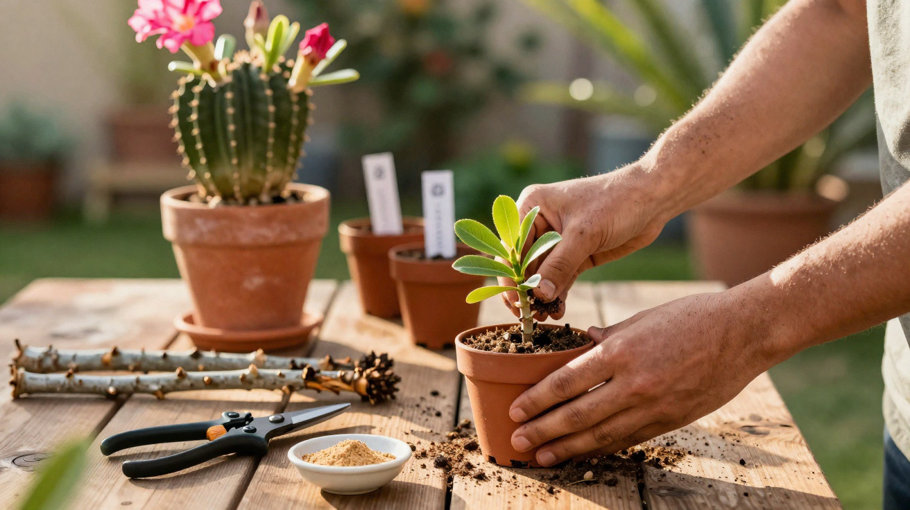 Person pflanzt junge Pflanze in Blumentopf auf Holztisch mit Gartenschere und Kakteen im Hintergrund.