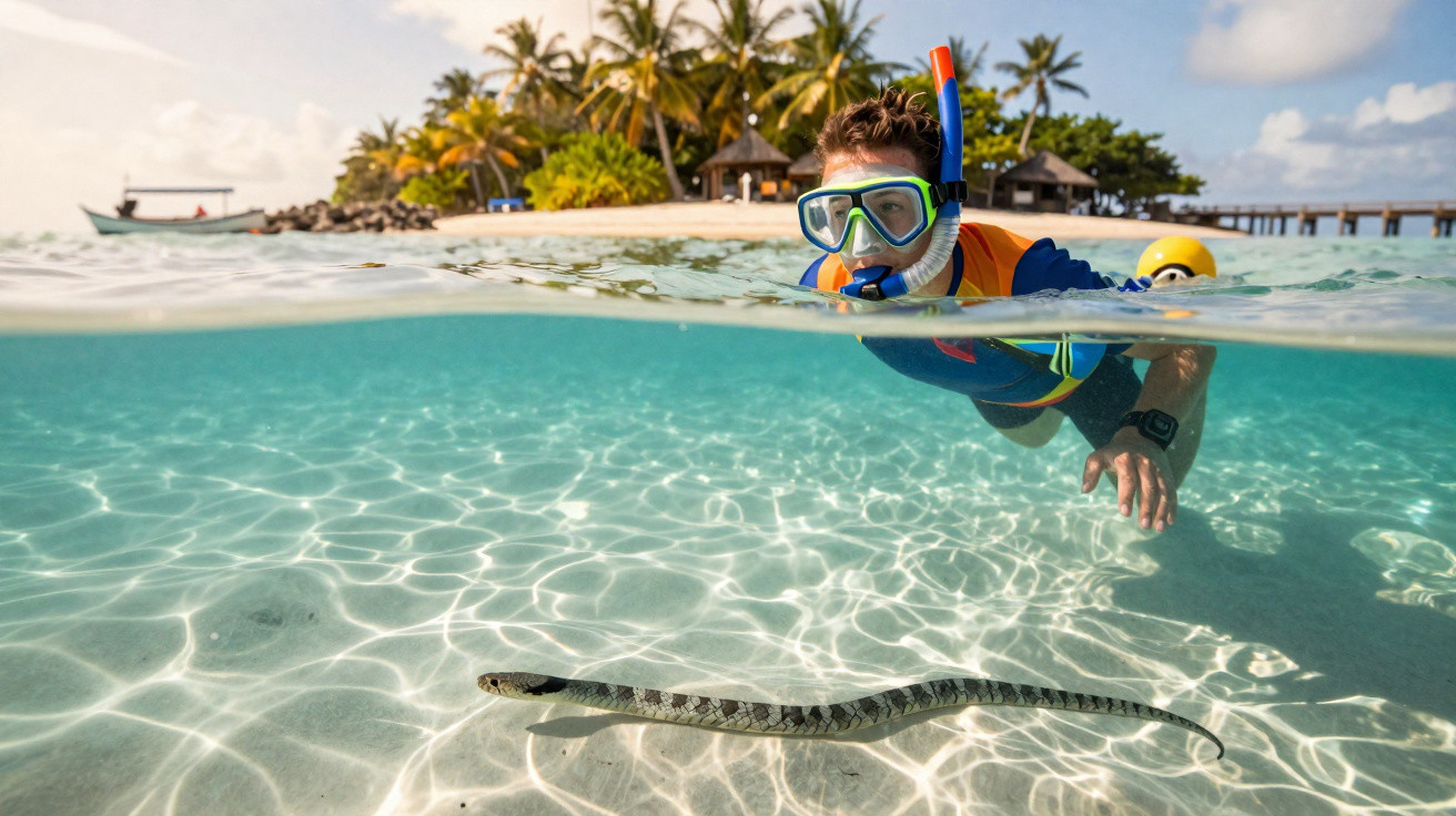 Schnorchler beobachtet im klaren Wasser eine Seeschlange nahe einer tropischen Insel mit Palmen.