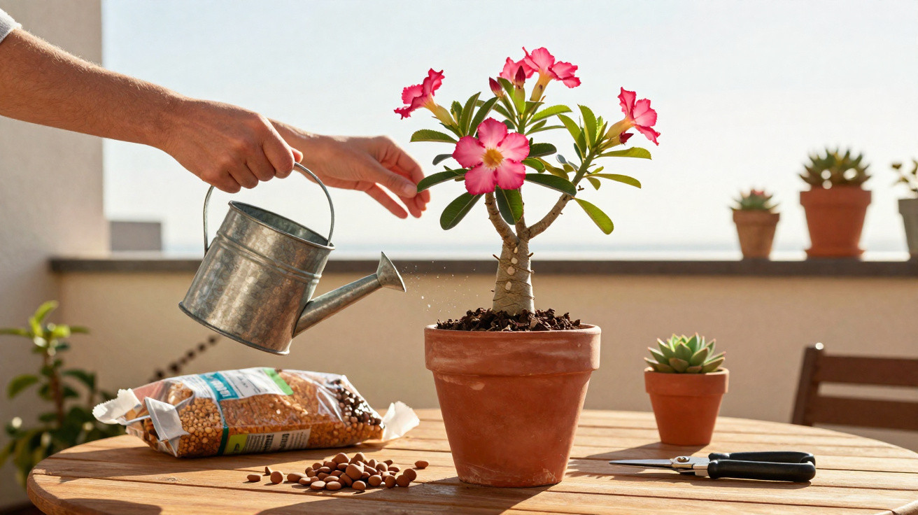 Hand gießt pink blühende Pflanze in Terrakotta-Topf auf Holztisch mit Sukkulenten und Gartengerät.