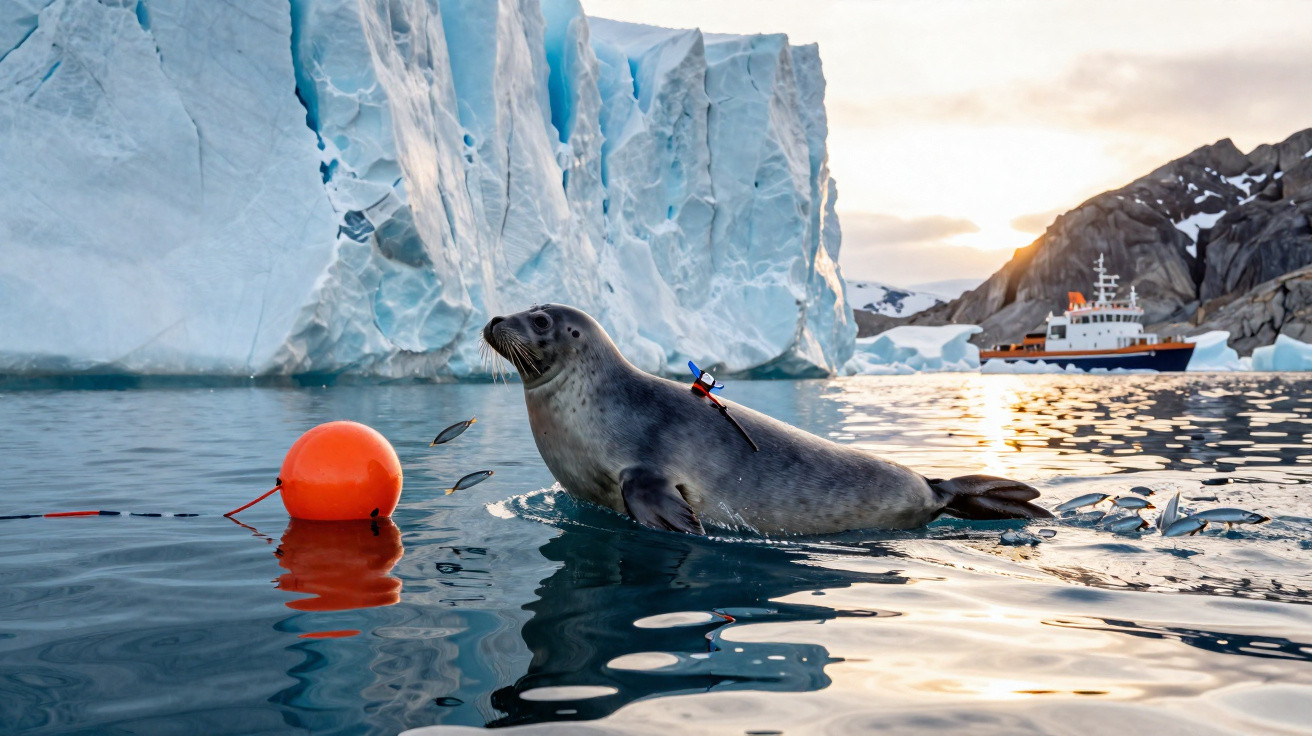 Seehund schwimmt vor Eisberg mit Fischen und orangener Boje, Forschungsschiff am Fjord bei Sonnenuntergang.