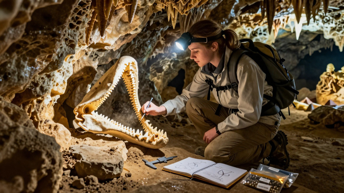 Frau mit Stirnlampe untersucht Krokodilschädel in einer Höhle und fertigt wissenschaftliche Skizzen an.
