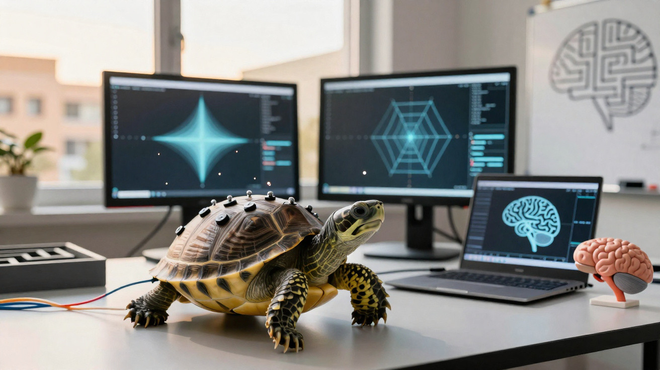 Schildkröte mit Elektroden auf Rücken auf Tisch vor Bildschirmen mit neuronalen Mustern und Gehirnabbildungen.