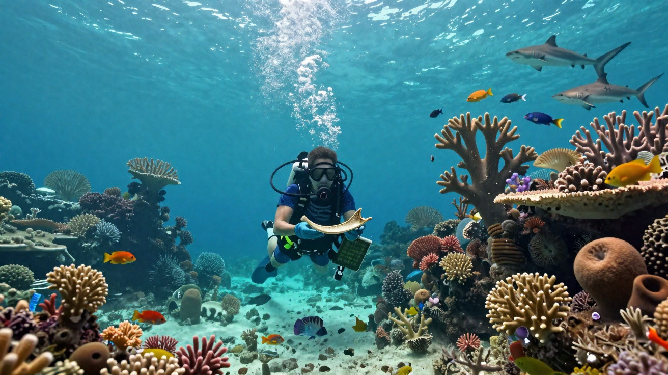 Taucher untersucht Korallenriff mit bunten Fischen und Haien unter klarem Meerwasser.