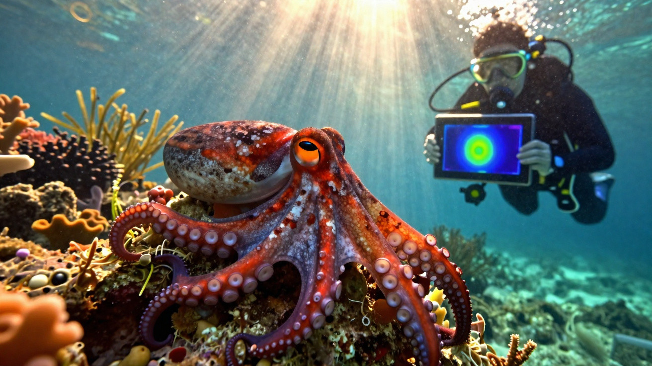 Oktopus sitzt auf Korallenriff, Taucher hält Gerät mit buntem Muster, Sonnenstrahlen durchdringen Wasser.