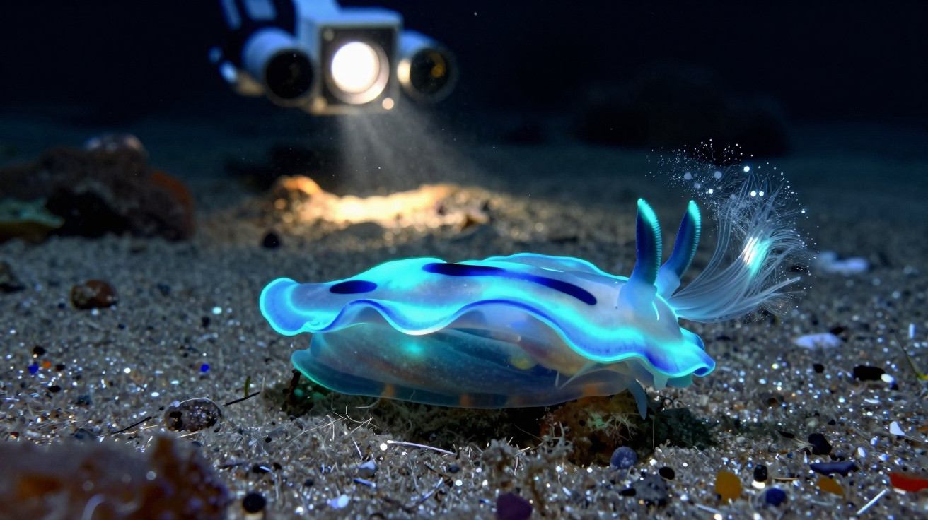 Leuchtend blaue Nacktschnecke am Meeresboden, beleuchtet von Tauchlampe im dunklen Wasser.
