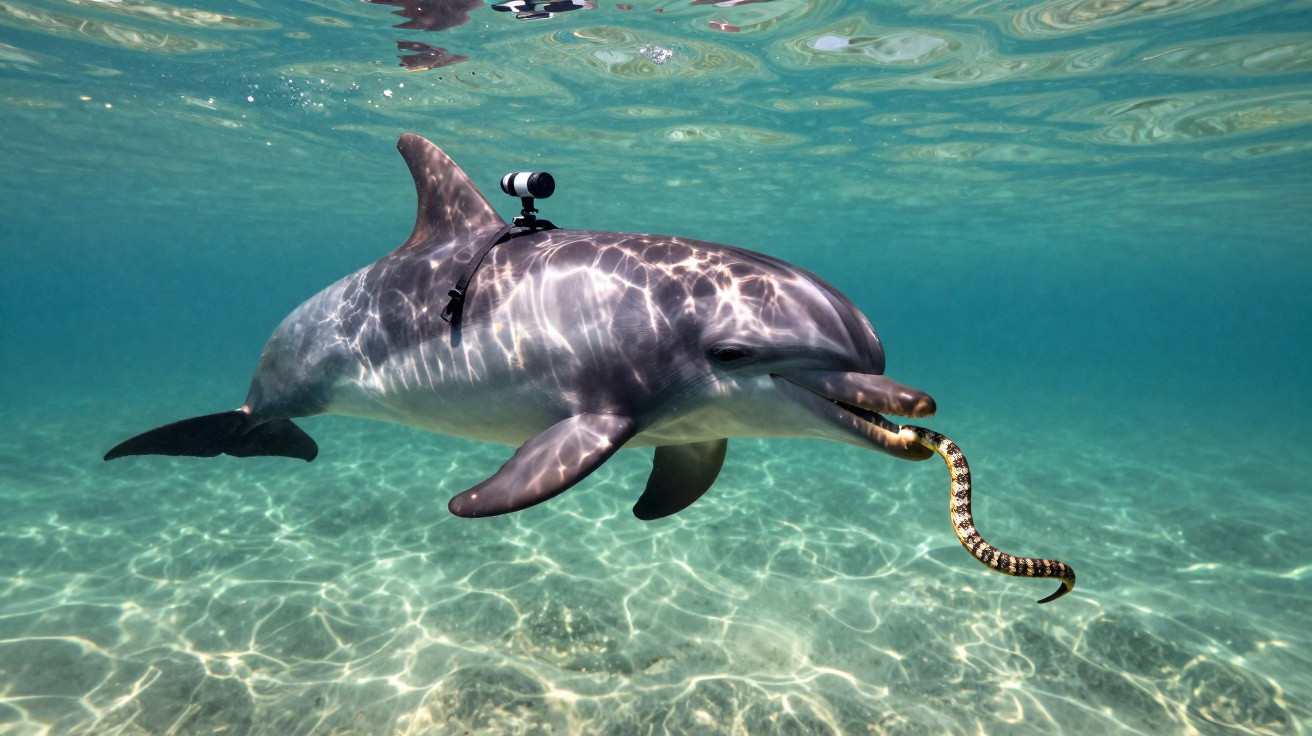 Ein Delfin mit GoPro auf dem Rücken schwimmt unter Wasser und hält eine Schlange im Maul.