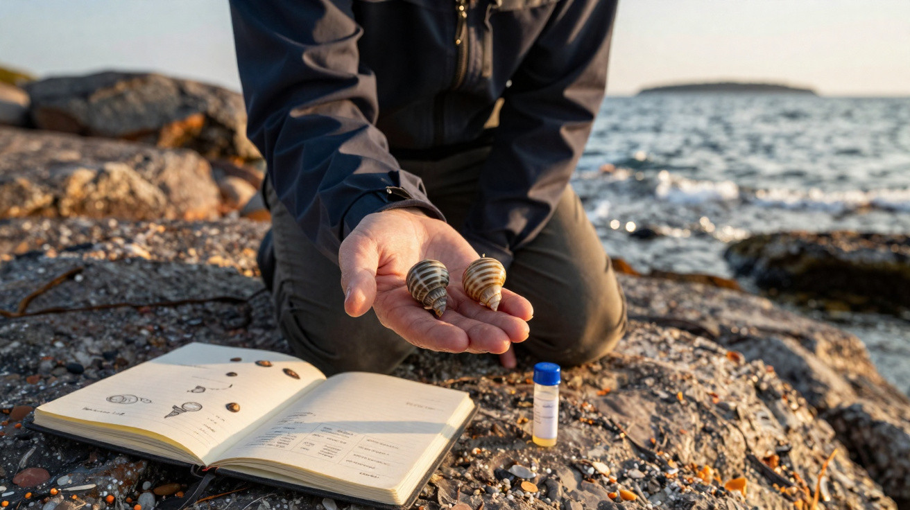Person hält zwei Meeresschnecken am felsigen Strand, daneben liegt ein offenes Notizbuch mit Zeichnungen und Notizen.