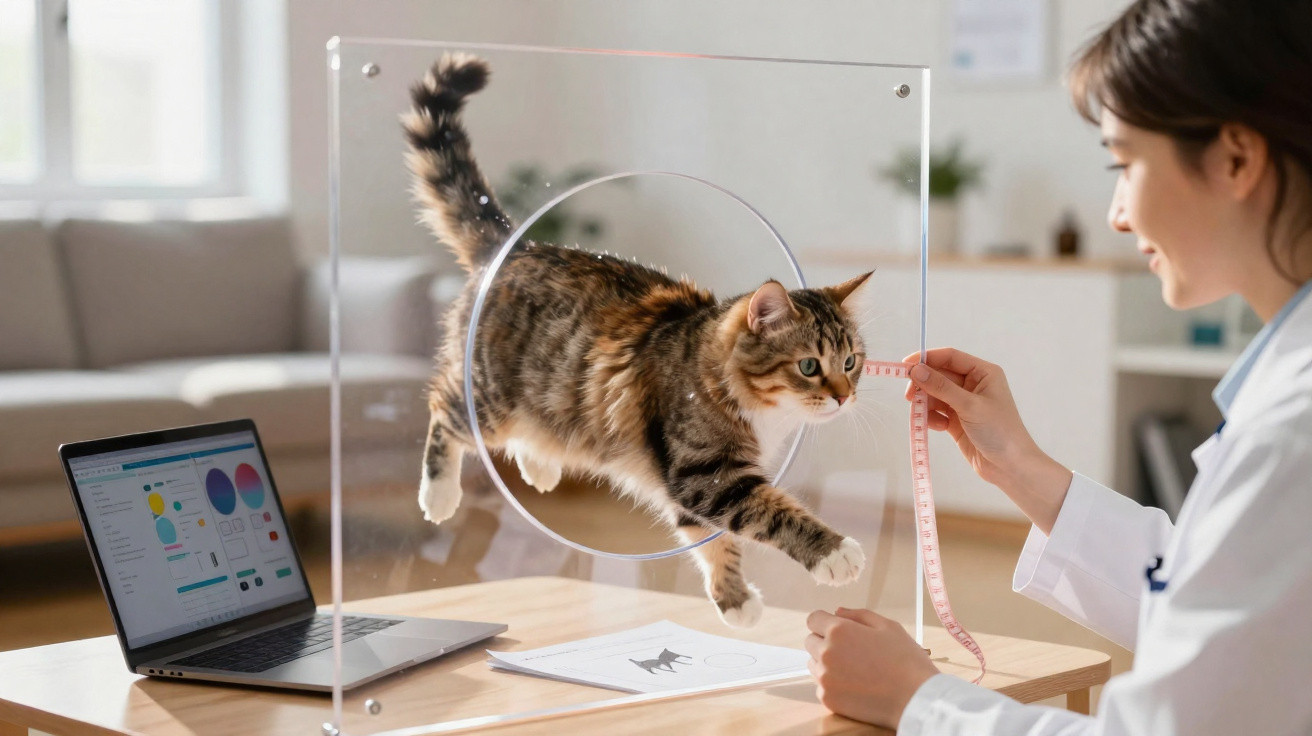 Tierärztin misst Katze mit Maßband, die durch Acrylöffnung auf Schreibtisch springt, Laptop und Unterlagen sichtbar.
