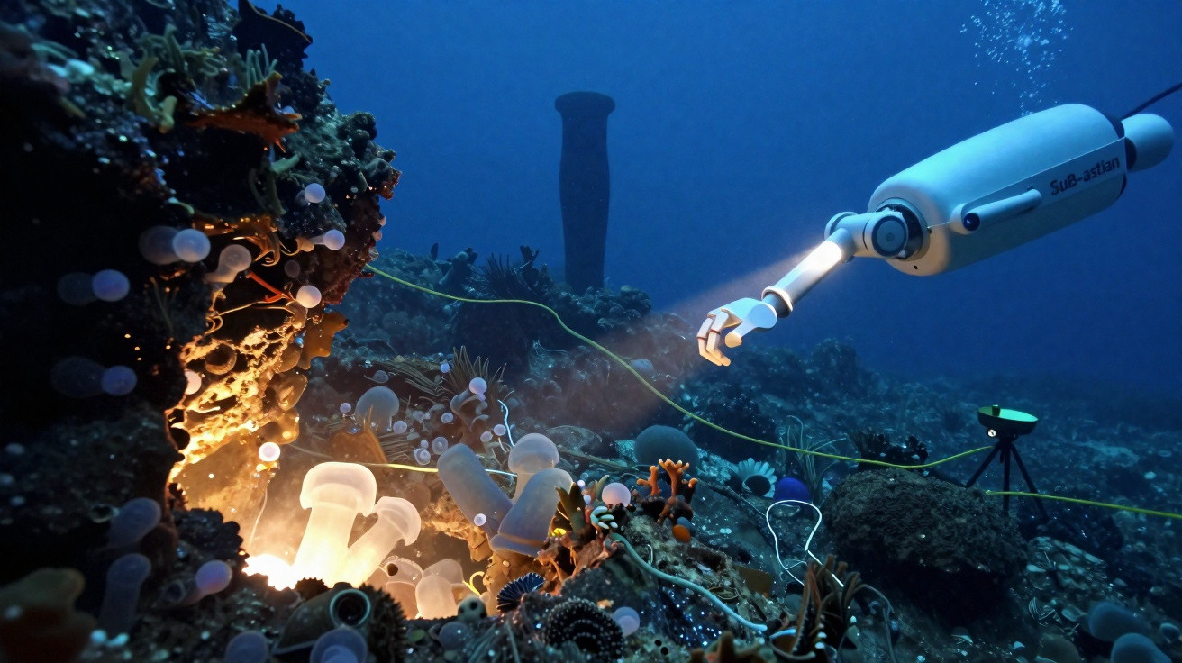 Unterwasserroboter mit Greifarm erforscht leuchtende Korallen und Meereslebewesen am Meeresgrund.