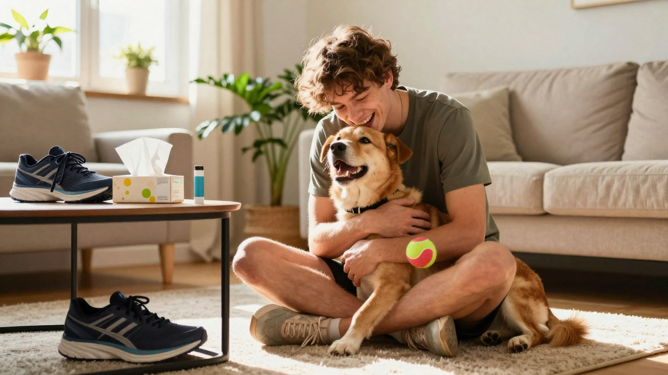 Junger Mann sitzt am Boden im Wohnzimmer und umarmt lächelnden Hund mit Tennisball.