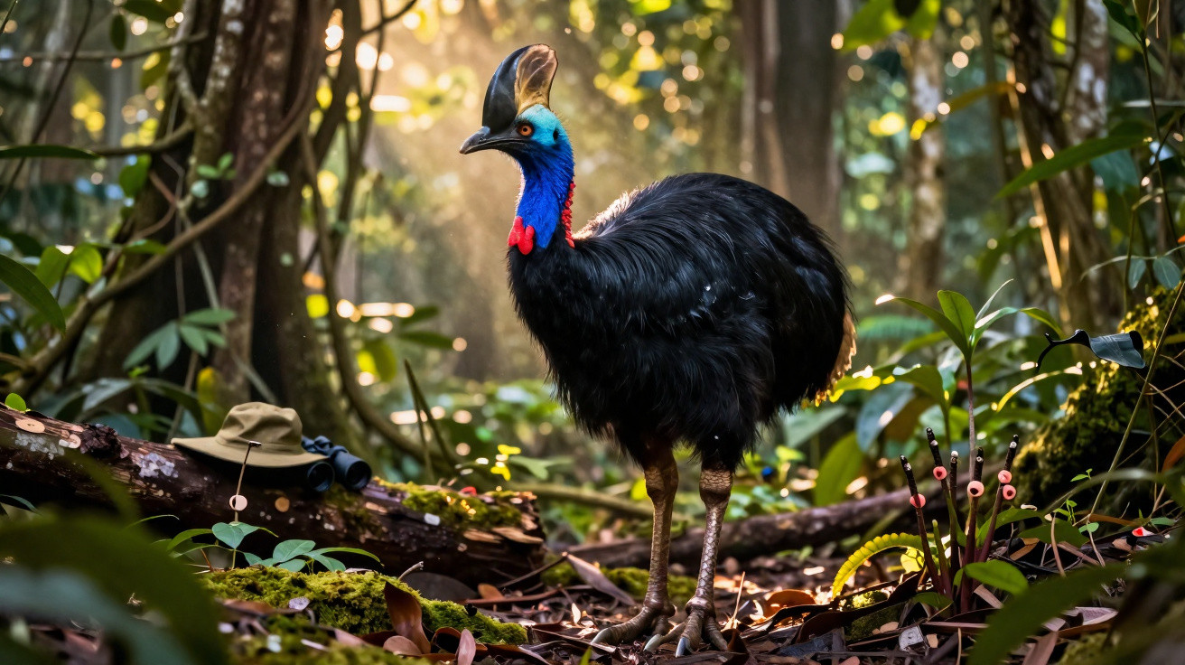 Schwarzer Kasuar mit blau-rotem Kopf steht im dichten Regenwald zwischen Moos und Pflanzen.