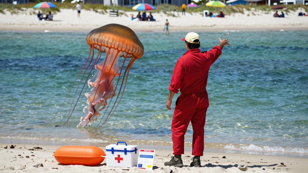 Rettungsschwimmer am Strand beobachtet große Qualle im Meer bei sonnigem Wetter und Badegästen.