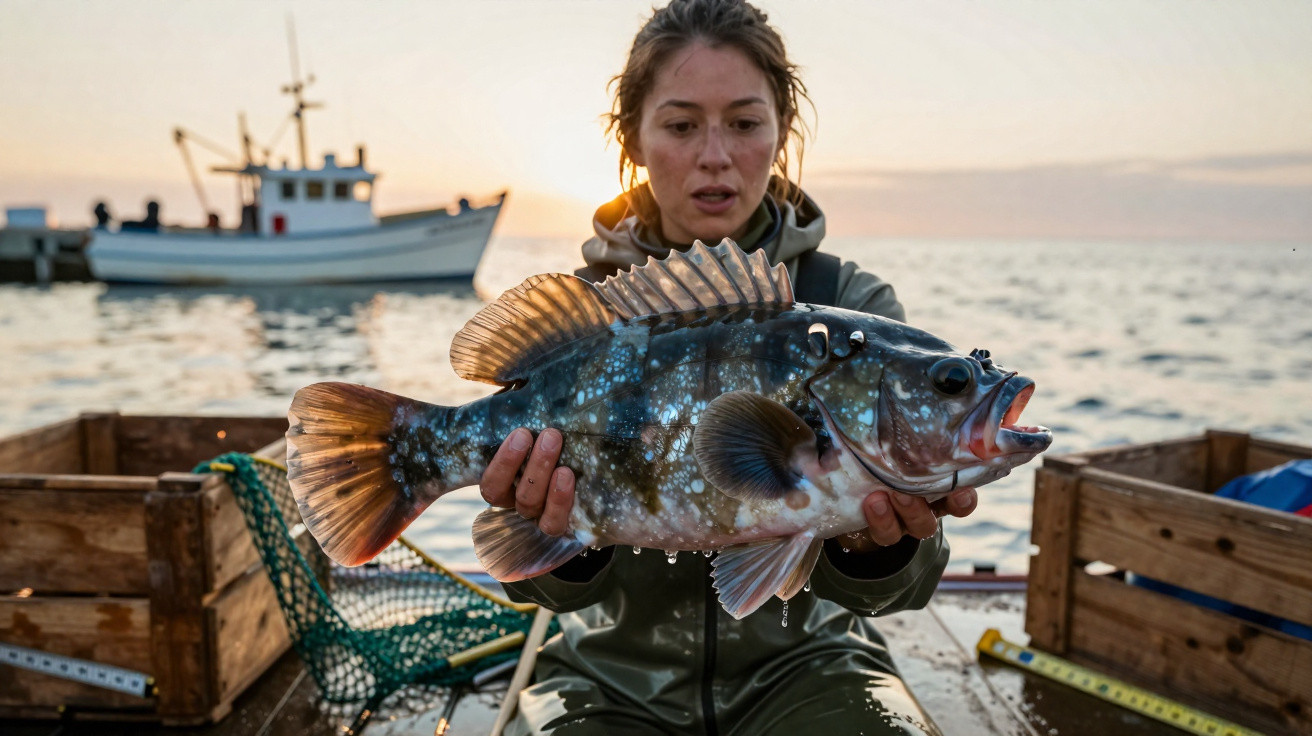 Frau auf Fischerboot hält großen gefleckten Fisch, im Hintergrund Meer und Fischerboot bei Sonnenuntergang.