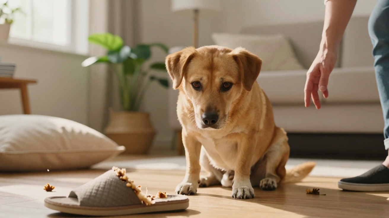 Kleiner brauner Hund sitzt neben angefressener Hausschuh in hellem Wohnzimmer, Mensch greift nach ihm.