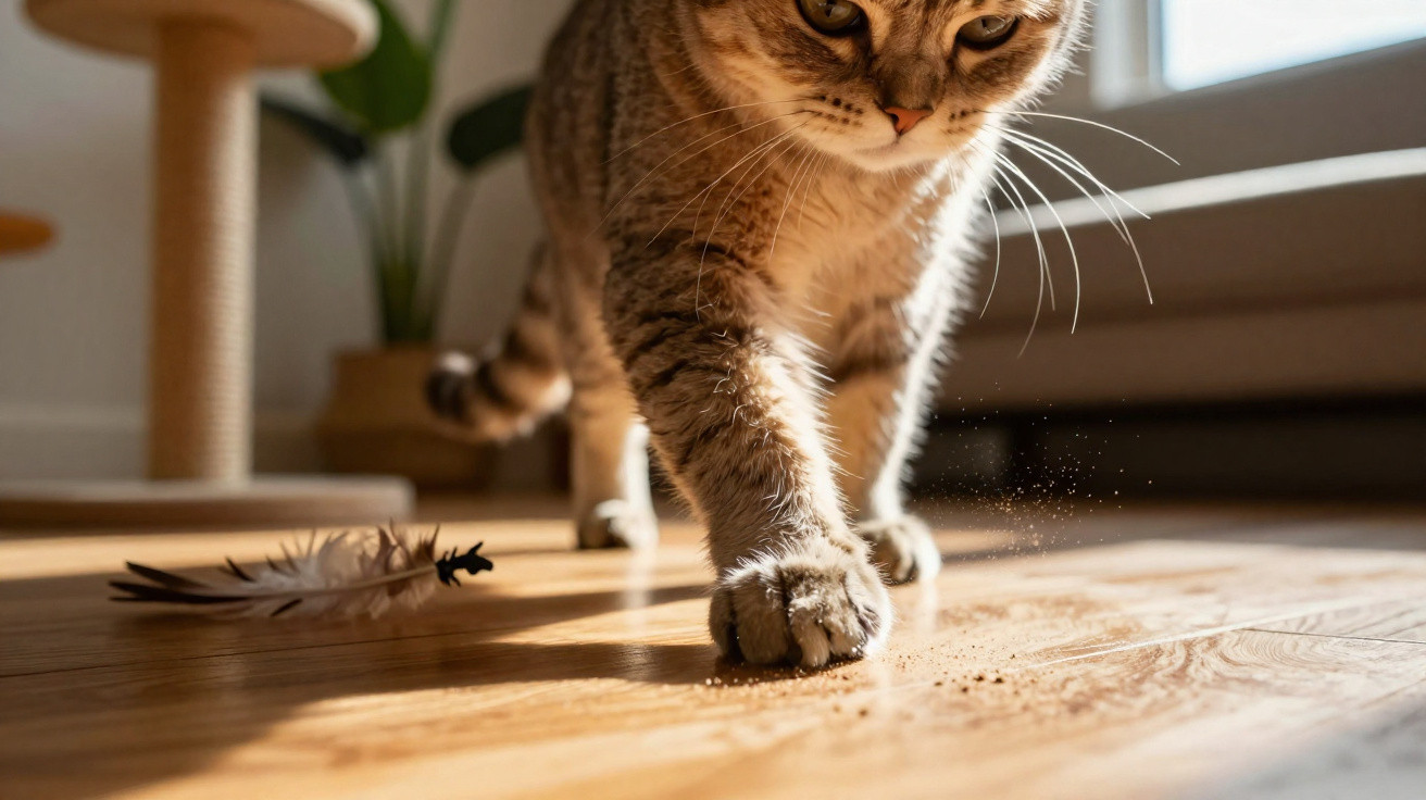 Braun getigerte Katze spielt im Sonnenlicht mit Staub auf einem Holzboden neben einer Feder.