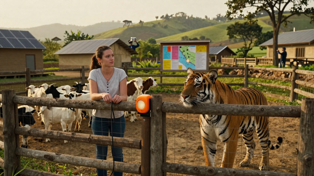 Frau steht am Holzzaun im Tiergehege neben Tiger, im Hintergrund Ziegen und ländliche Landschaft mit Hügeln.