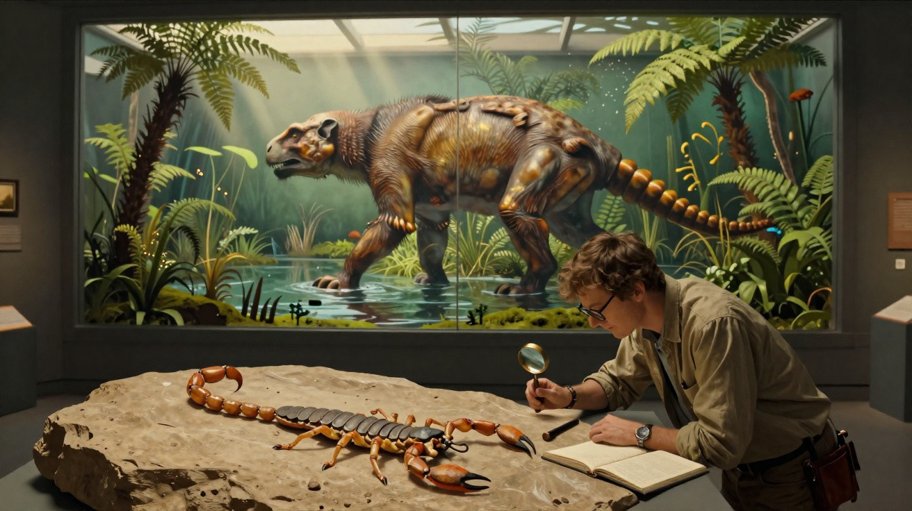 Wissenschaftler untersucht mit Lupe ein Skorpionmodell im Museum vor einem großen Dinosaurierwandbild.
