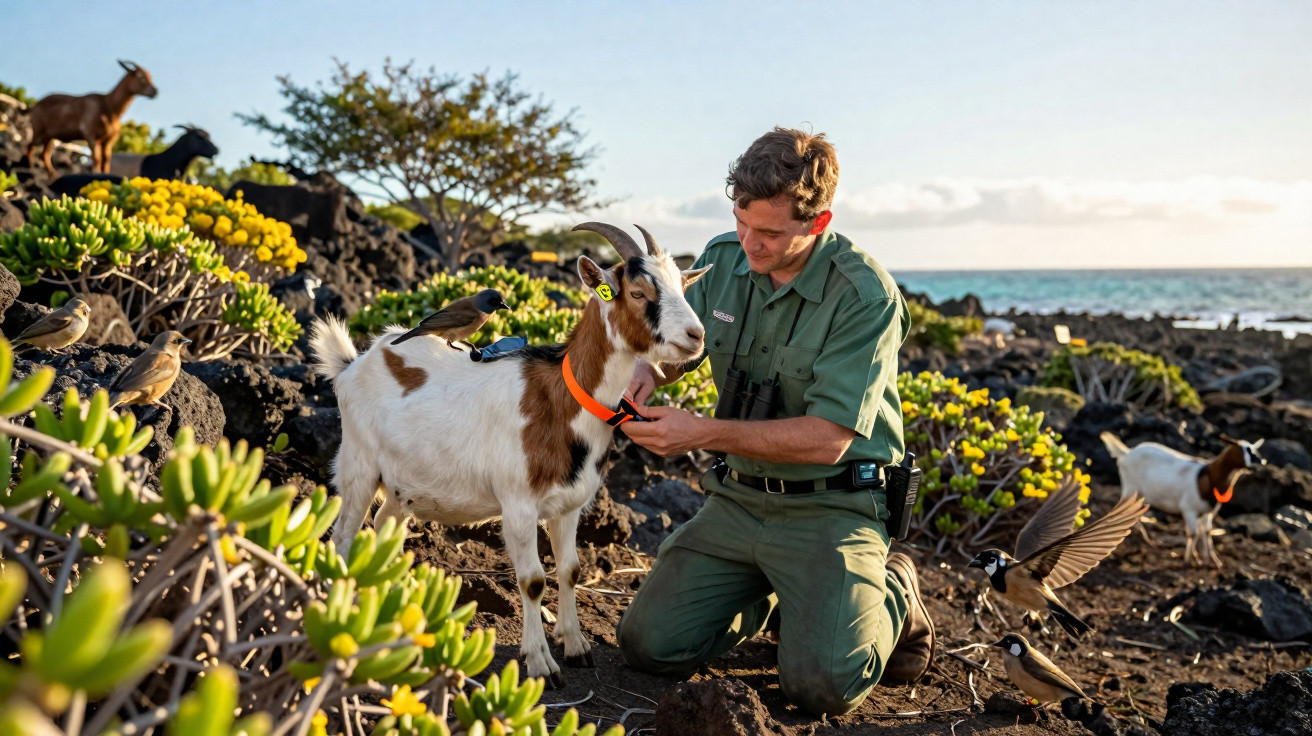 Ein Mann in Uniform befestigt ein Tracking-Gerät an einer Ziege in einer felsigen Küstenlandschaft.