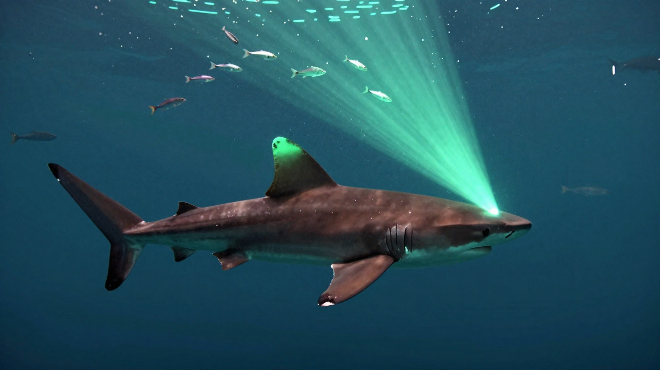 Hai schwimmt unter Wasser mit grünem Lichtstrahl vom Kopf, kleine Fische im Hintergrund.