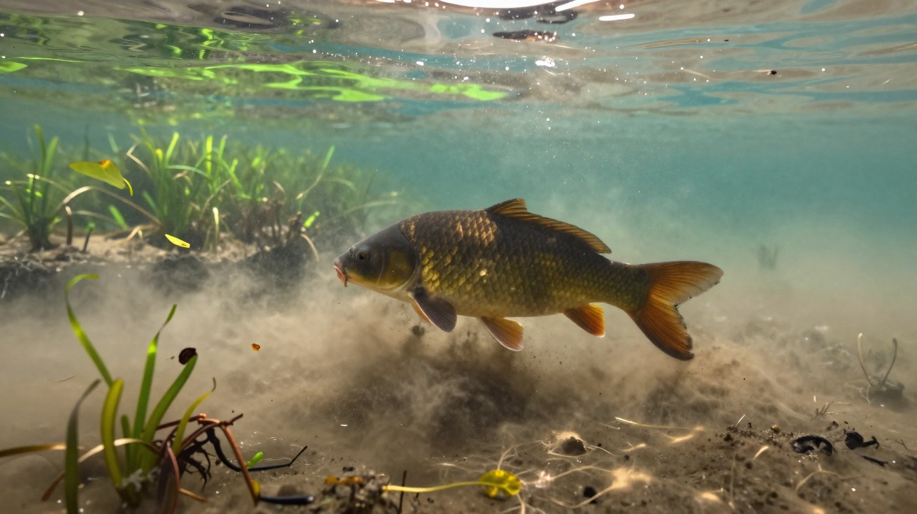 Karpfen schwimmt nahe dem schlammigen Grund eines klaren Flusses mit Wasserpflanzen im Hintergrund.