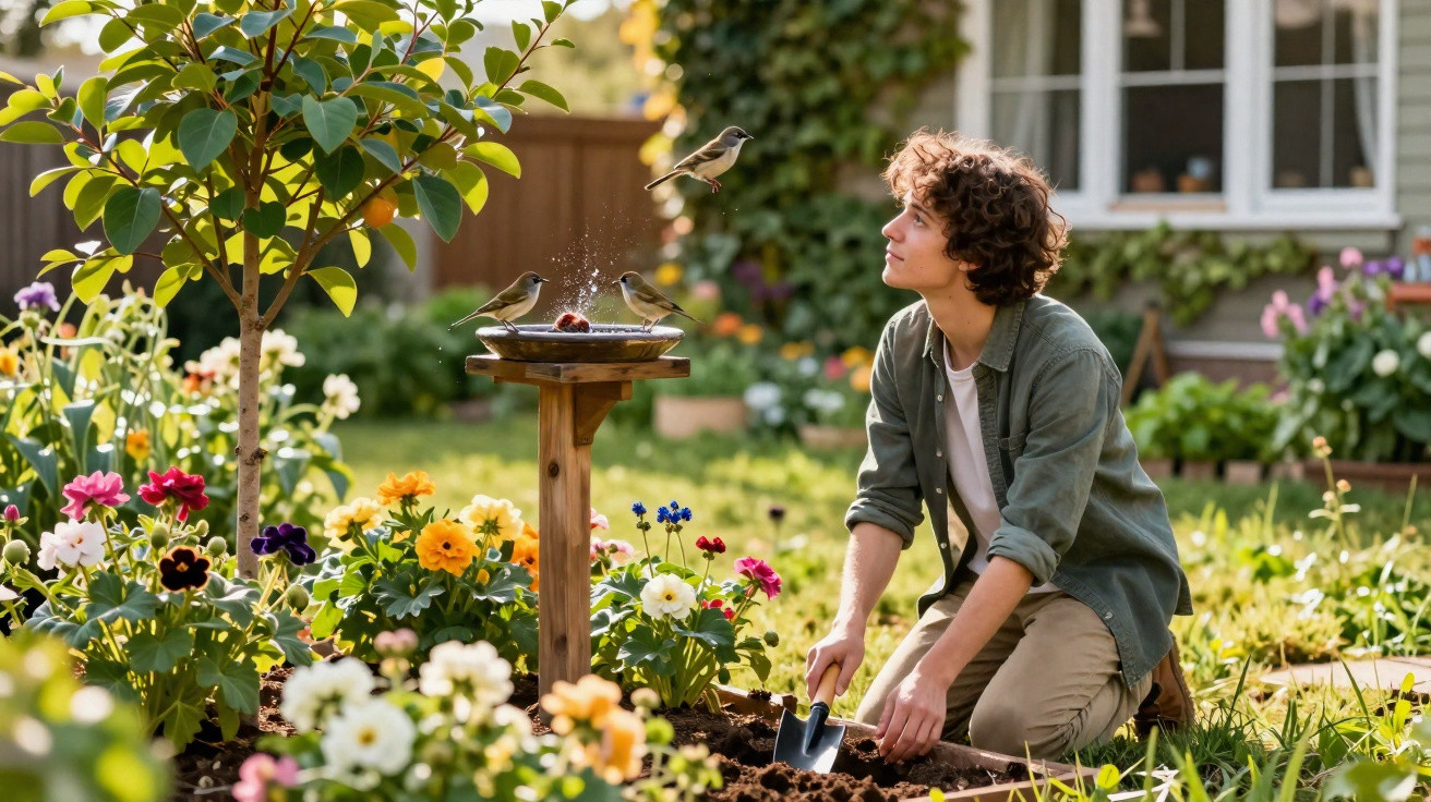 Junger Mann kniet im Garten und beobachtet Vögel an einem Vogelbad umgeben von bunten Blumen.