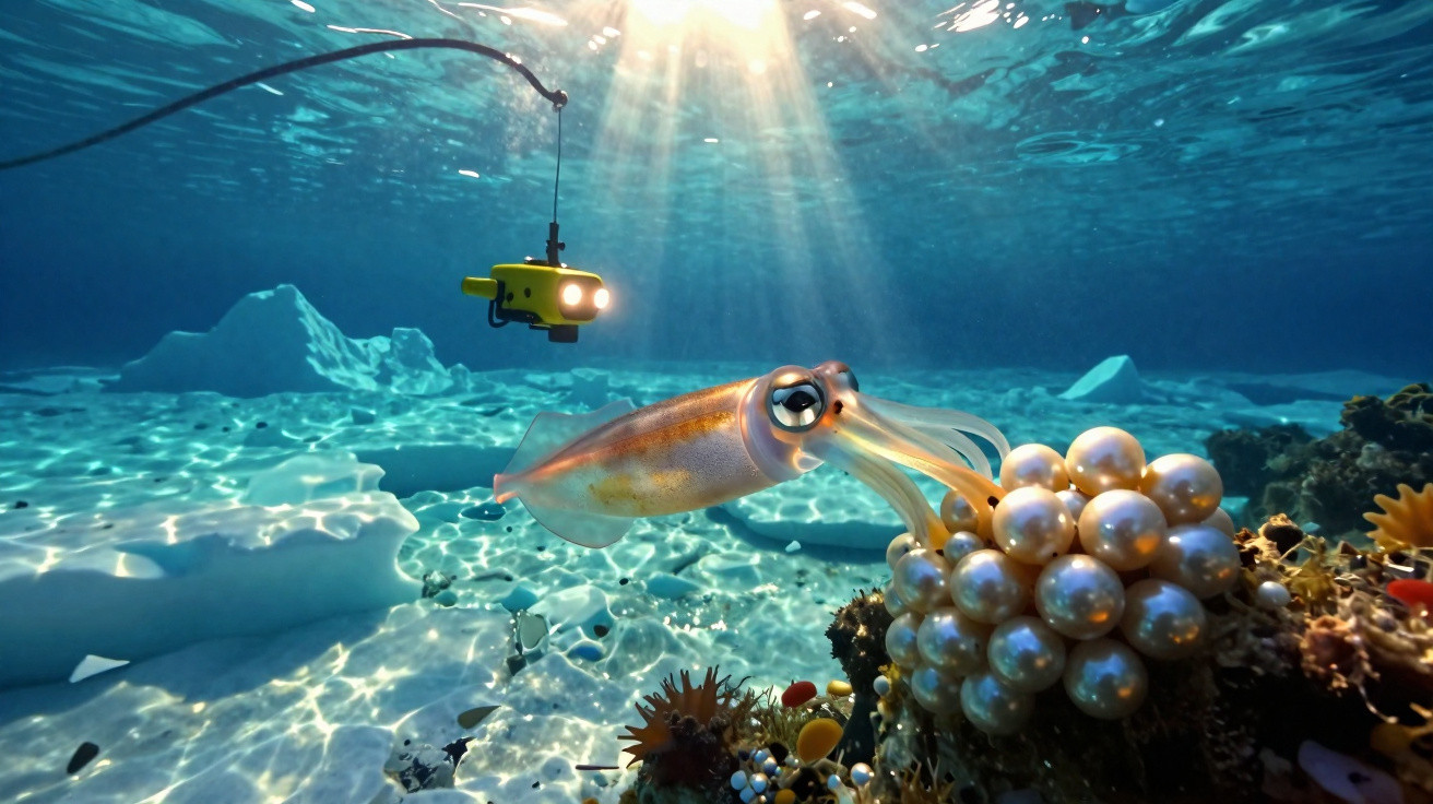 Unterwasseraufnahme eines Tintenfischs, der an Perlen schnüffelt, beleuchtet von einer gelben Unterwasserdrohne.