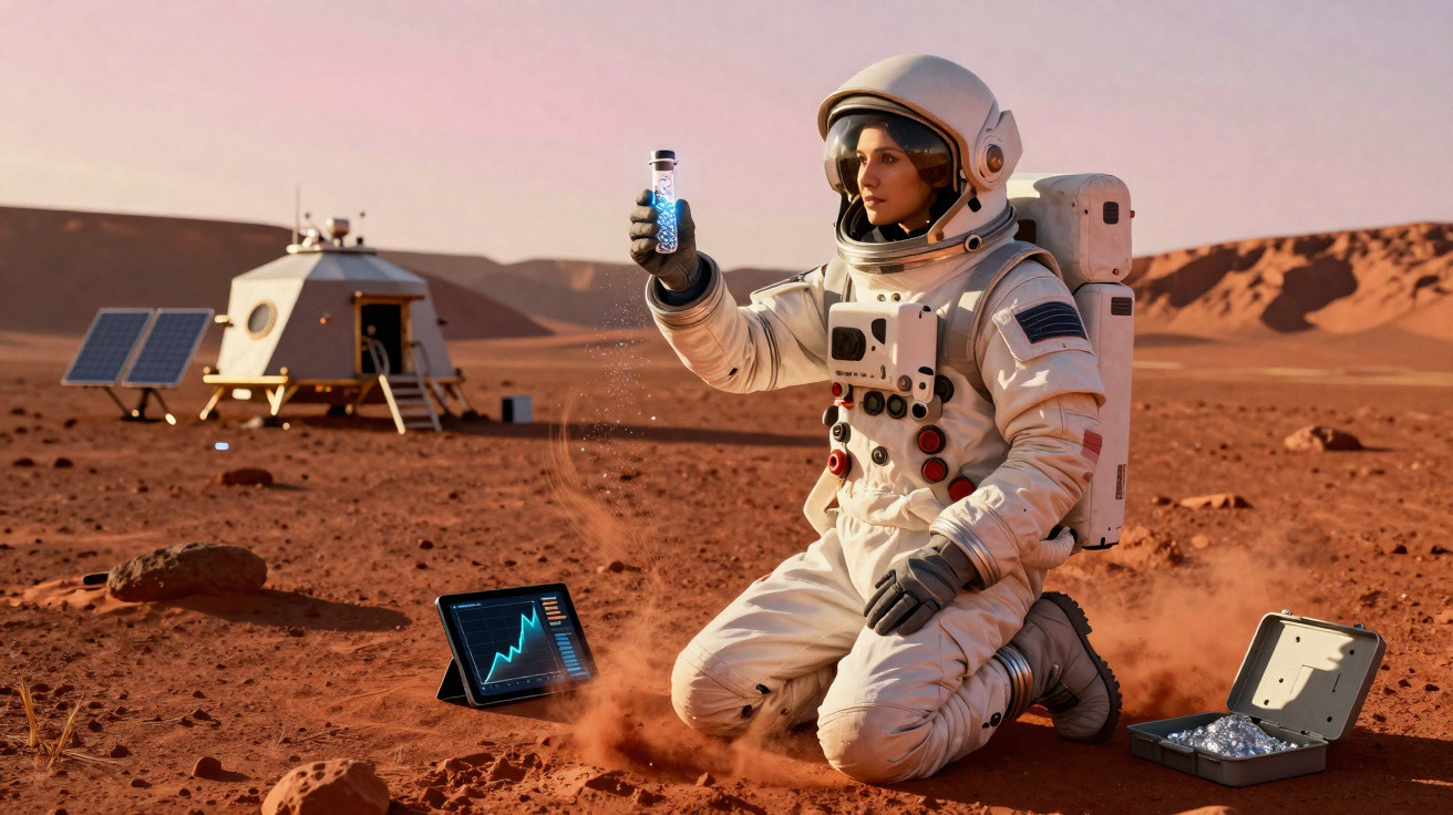 Astronautin kniet auf rotem Marsboden, hält Glaskolben mit blauem Stoff, neben Tablet und Landeplattform.