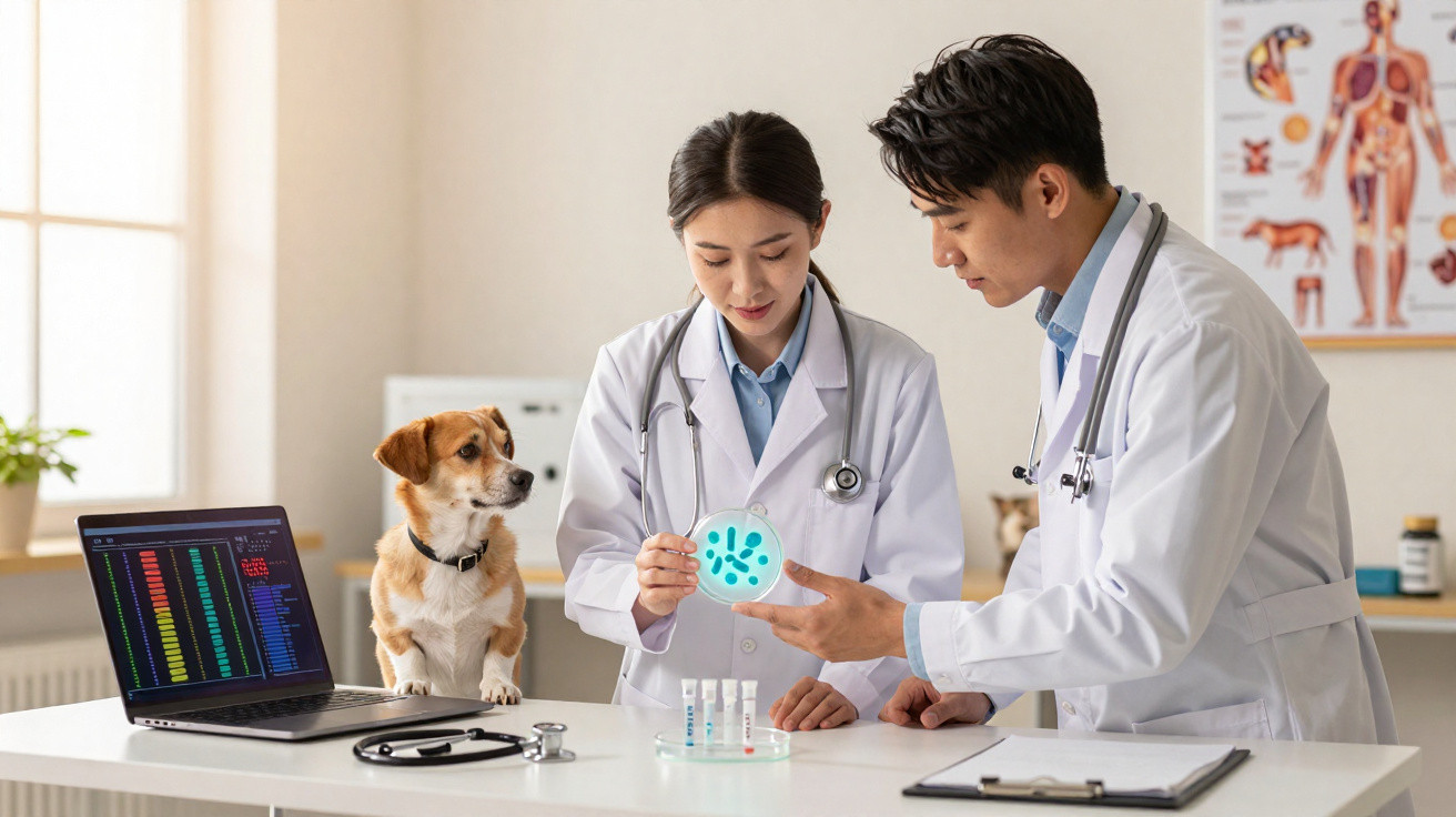 Zwei Tierärzte untersuchen Hundeproben im Labor, ein Hund sitzt am Tisch neben offenem Laptop.