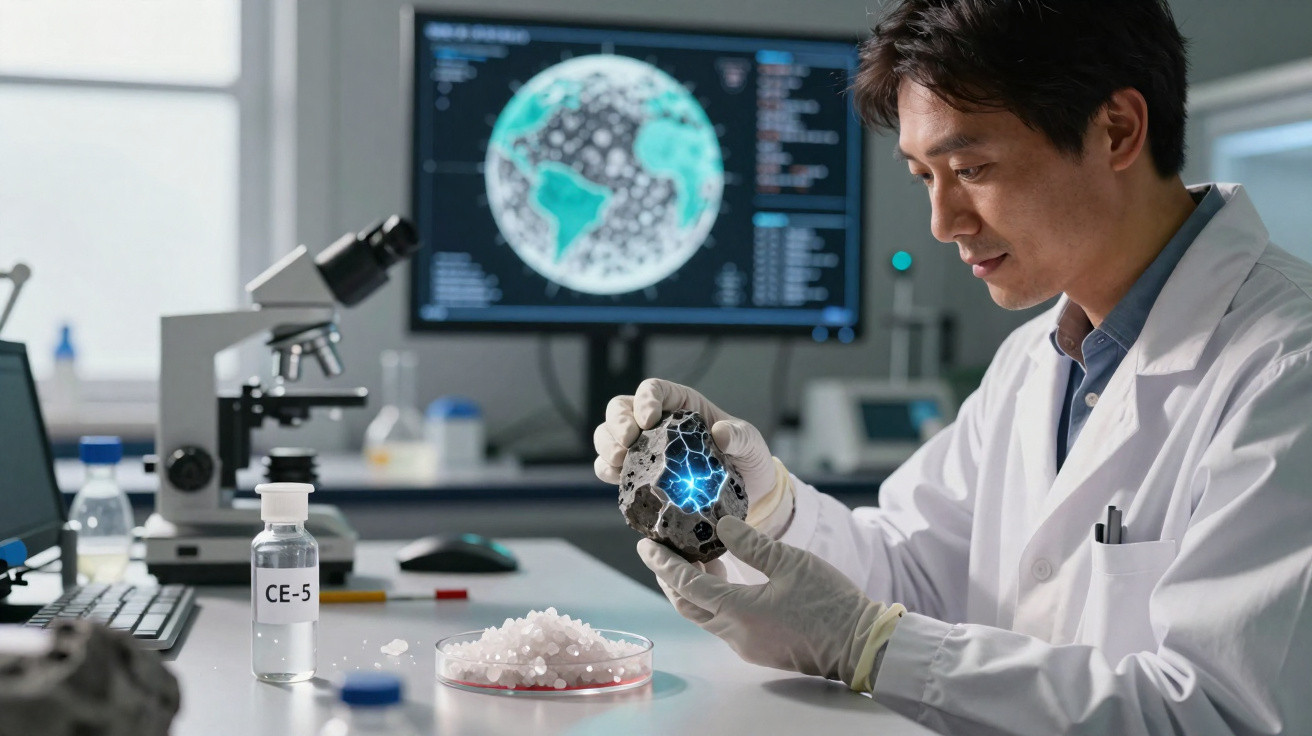 Wissenschaftler analysiert mineralische Probe mit digitaler Anzeige von Daten im Labor mit Mikroskop und Reagenzgläsern.