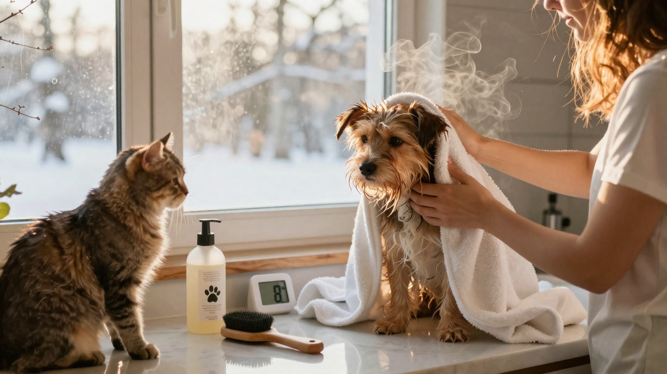 Frau trocknet nassen Hund mit Handtuch am Fensterbank, neugierige Katze sitzt daneben, Winter draußen sichtbar.