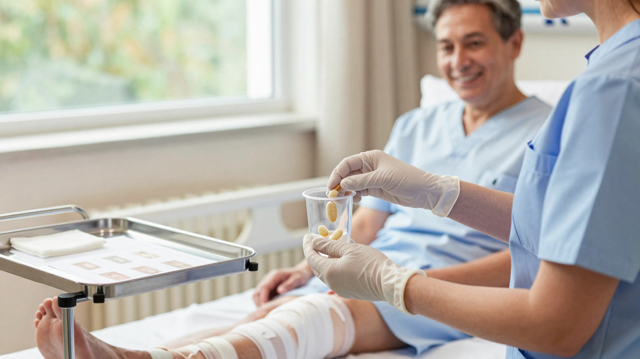 Krankenpflegerin in Blautönen gibt einem Patienten mit Verband am Bein mehrere Pillen aus einem Messbecher.