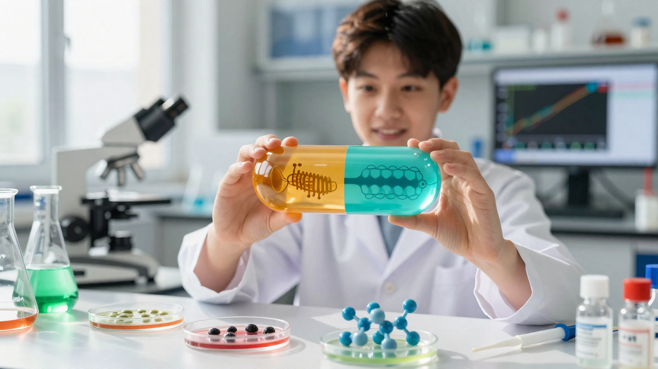 Junger Wissenschaftler hält übergroße bunte Pille im Labor mit Mikroskop und Reagenzgläsern.