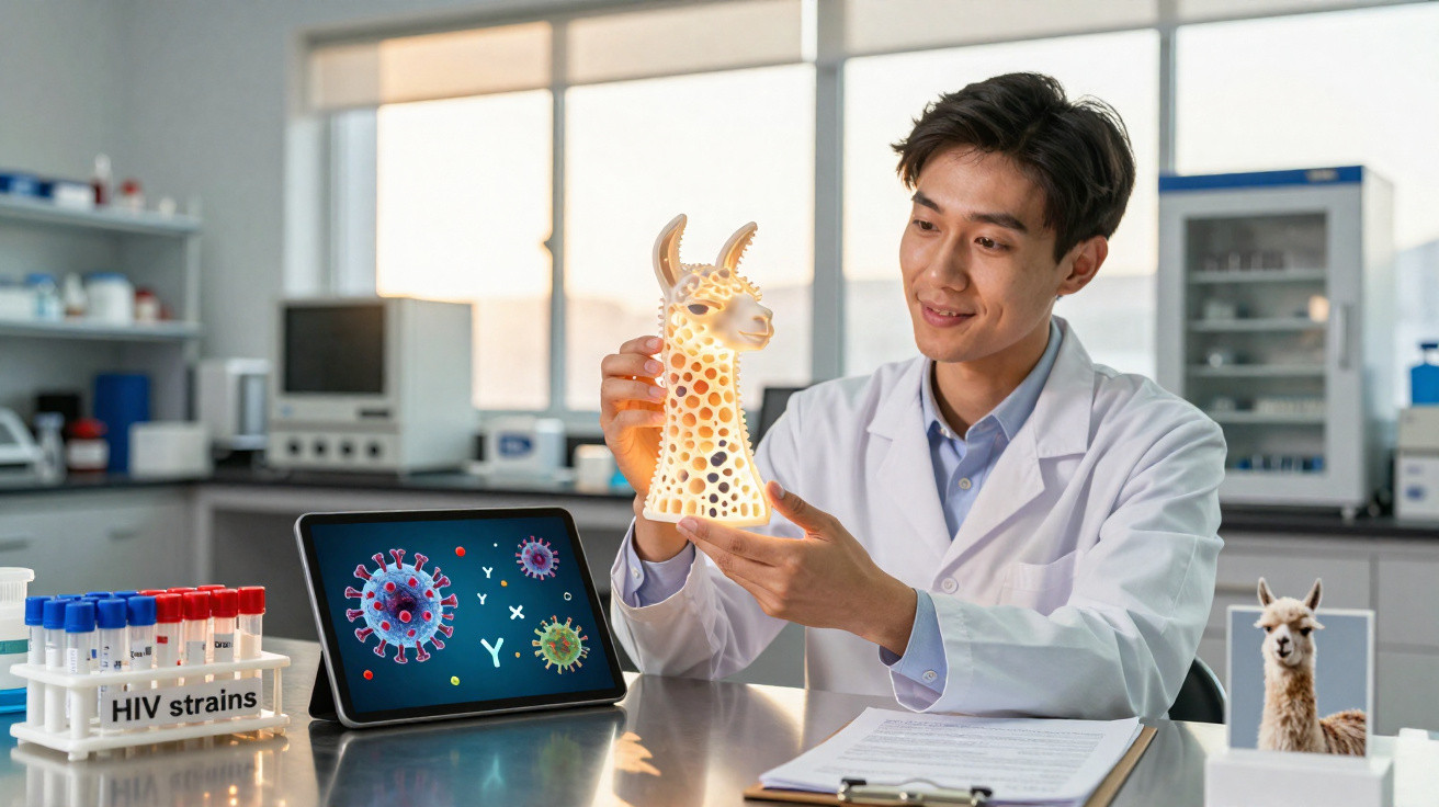 Forscher im Labor hält leuchtende Lampe in Form einer Lama-Statue neben HIV-Stamm-Diagramm auf Tablet.