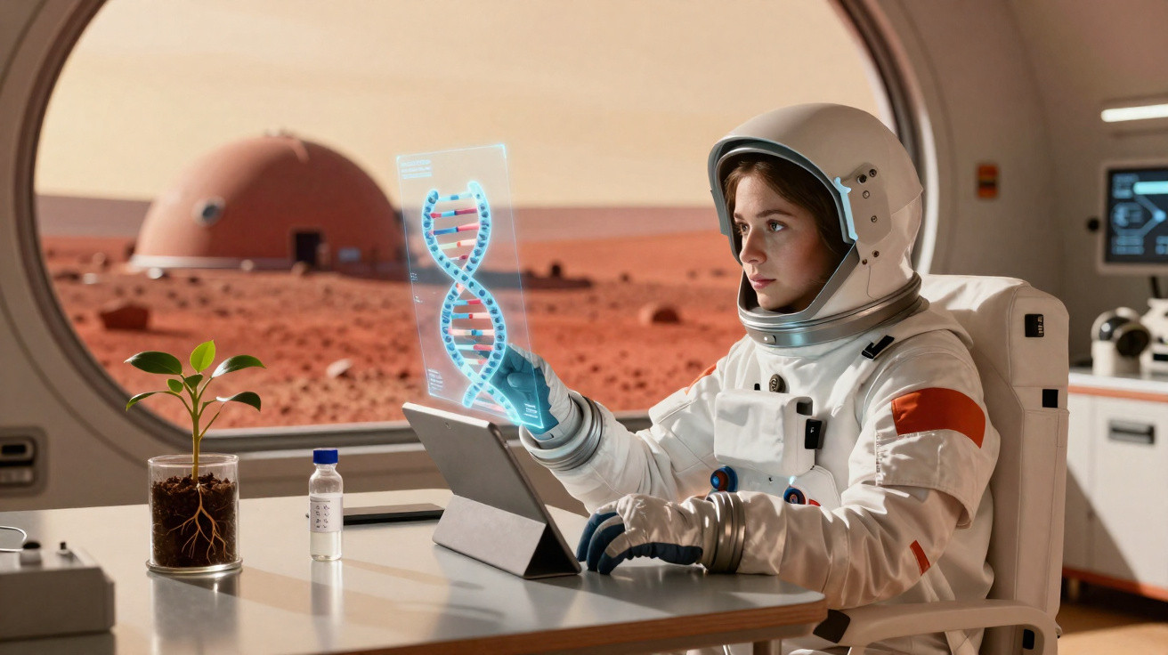 Astronautin in Raumanzug analysiert holografische DNA-Struktur vor Marsfenster mit Pflanzenprobe am Tisch.
